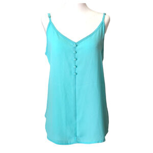 Women's Turquoise Semi Sheer Spaghetti Strap Top With Button Accents M